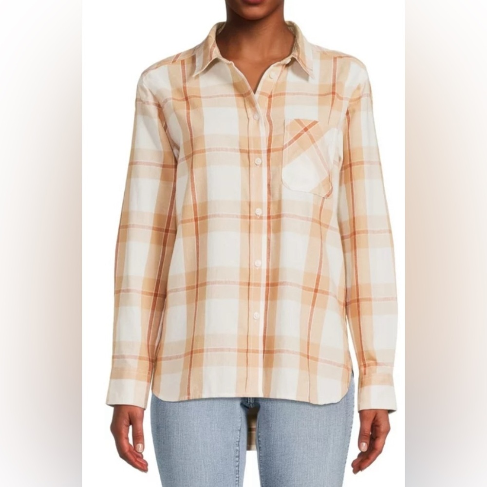 Time and Tru 100% cotton plaid button‎ down top. Women size L.